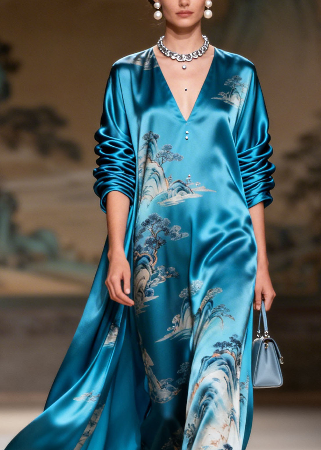Boutique Blue V Neck Print Silk Long Dress Summer