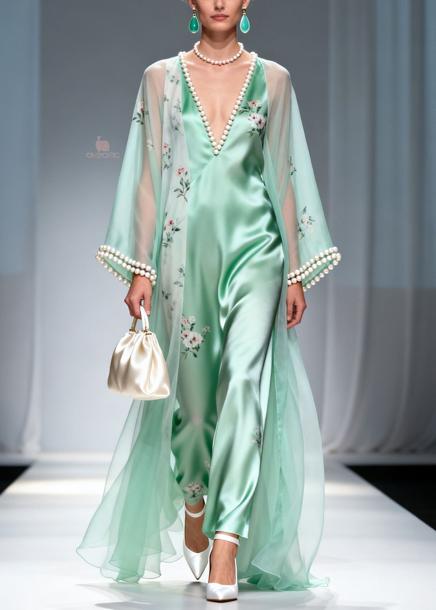 Boutique Green V Neck Nail Bead Silk Long Dress Summer