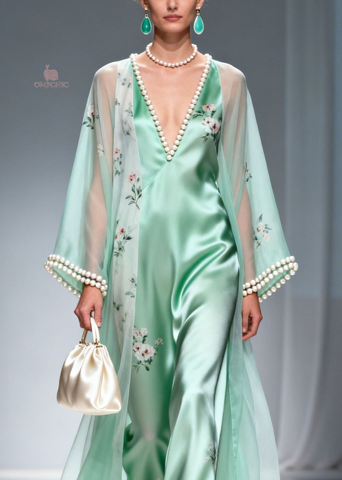 Boutique Green V Neck Nail Bead Silk Long Dress Summer