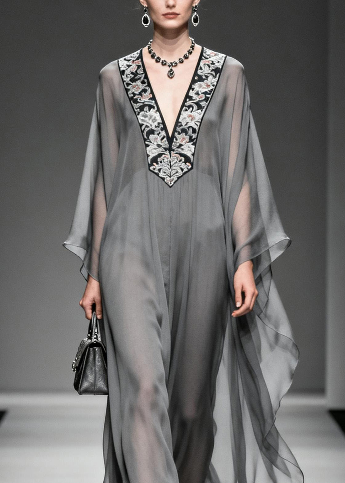 Boutique Grey V Neck Print Patchwork Chiffon Dress Spring