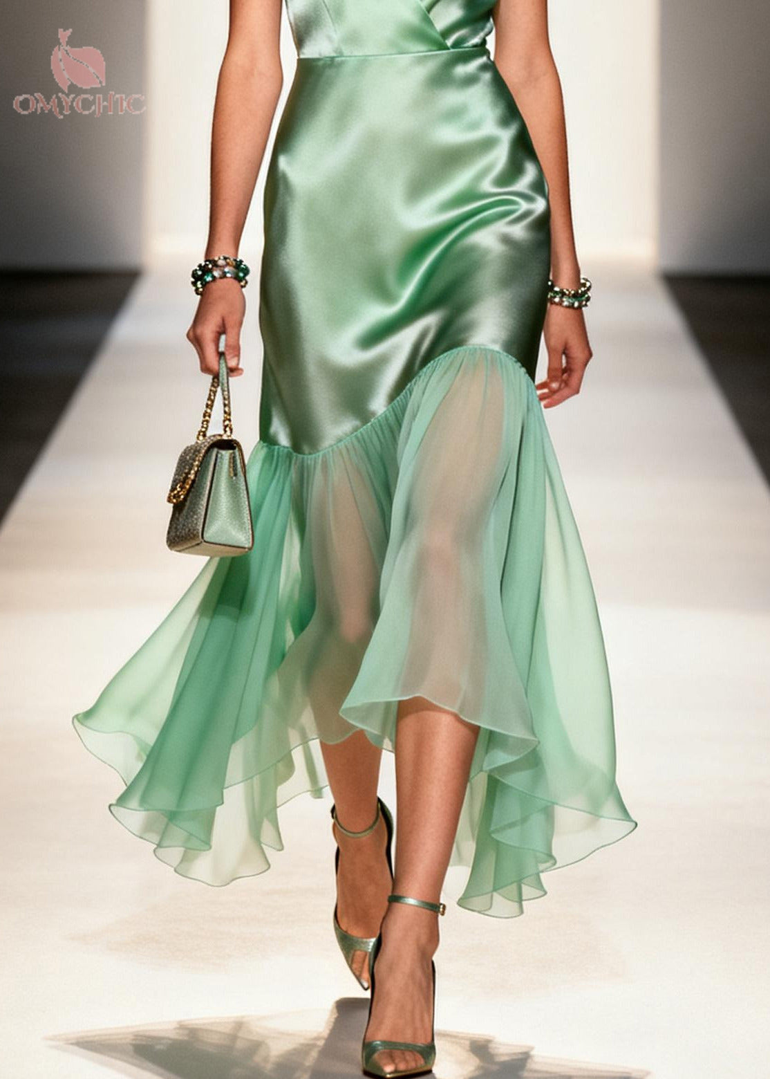 Boutique Light Green V Neck Patchwork Tulle Long Dresses Summer