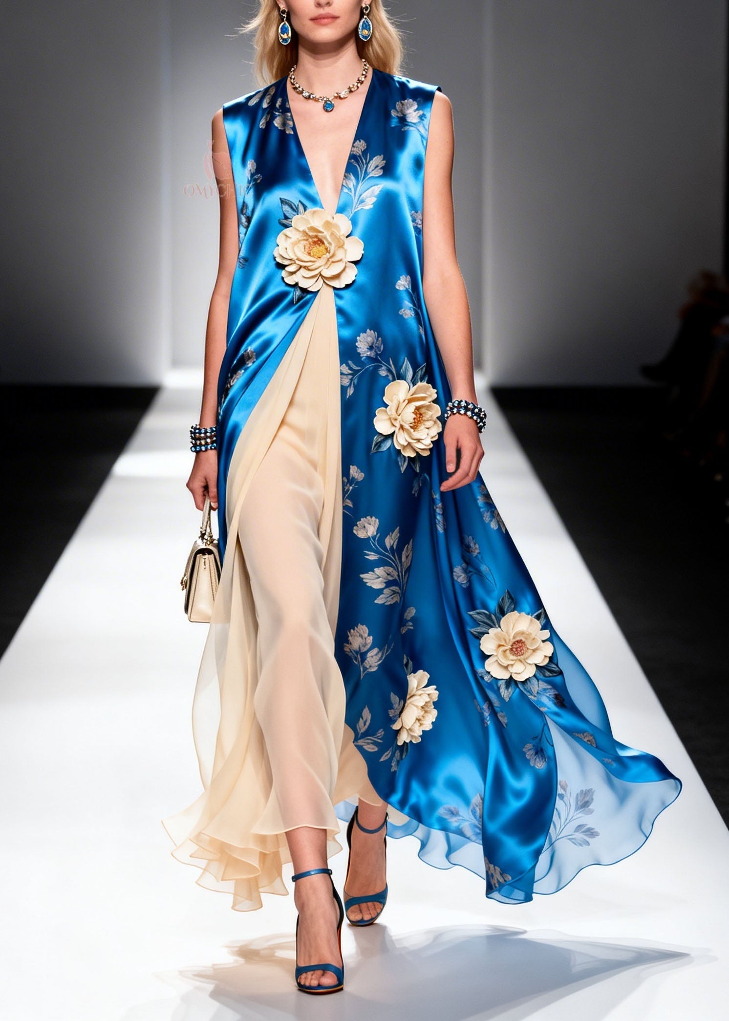 Boutique V Neck Floral Patchwork Chiffon Long Dress Summer