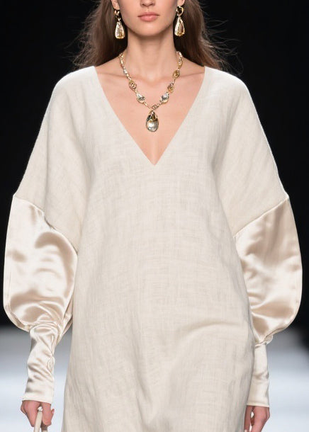 Boutique V Neck Solid Silk Patchwork Mini Dresses Batwing Sleeve