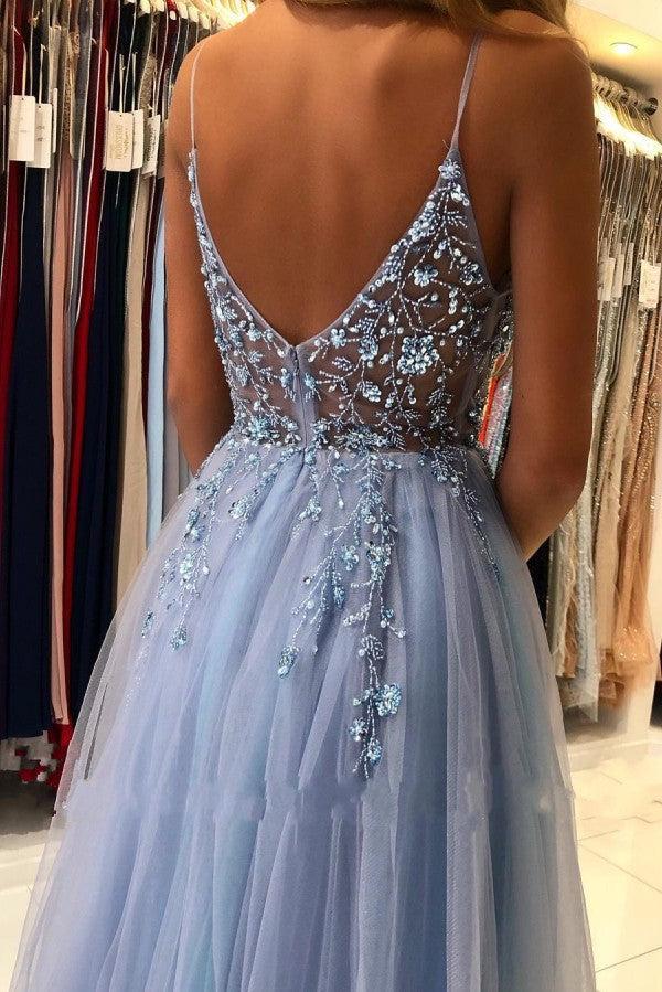 Breath-taking Sleeveless Tulle Ocean Blue Split  Appliques Prom Dresses
