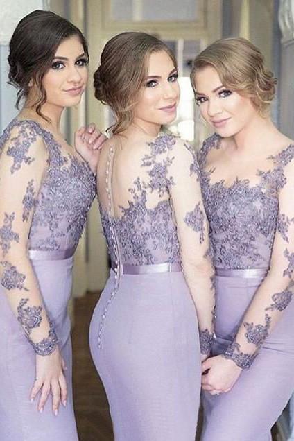 Lavender Lace Long Sleeves Bridesmaid Dress, Mermaid Wedding Party Dresses - VelvetHem