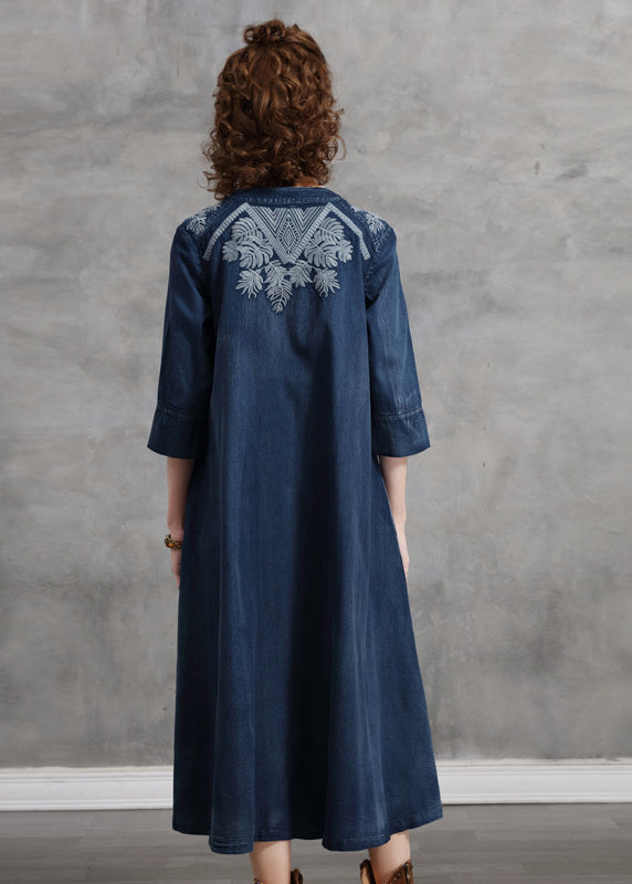 Brief Blue V Neck Print Cotton A Line Dress Half Sleeve