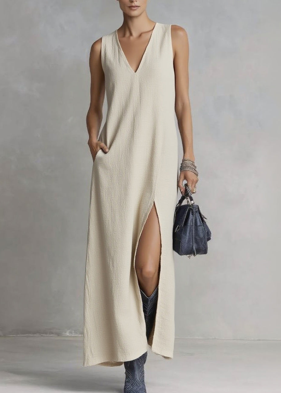 Brief Ramie V Neck Pockets Patchwork Solid Maxi Dresses Summer
