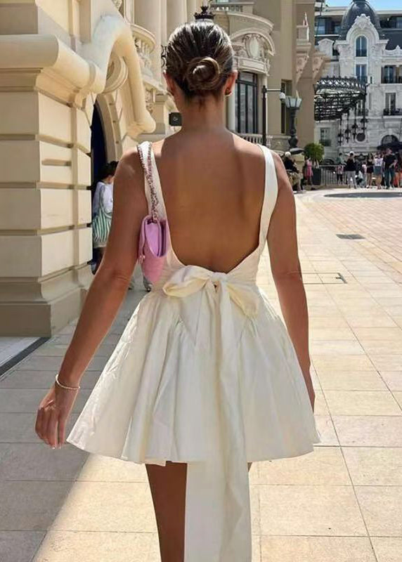 Brief White Backless Bow Solid Mid Spaghetti Strap Dress Sleeveless
