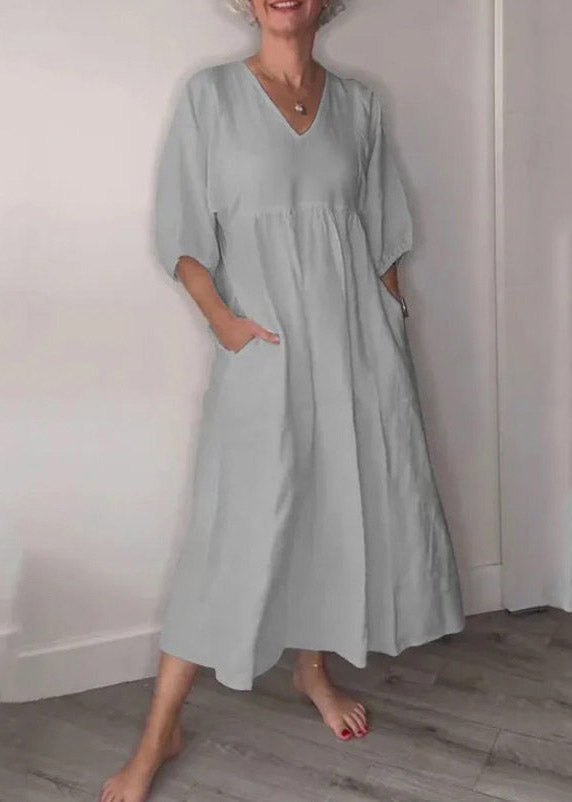 Brief White V Neck Patchwork Pockets Holiday Long Dress Half Sleeve