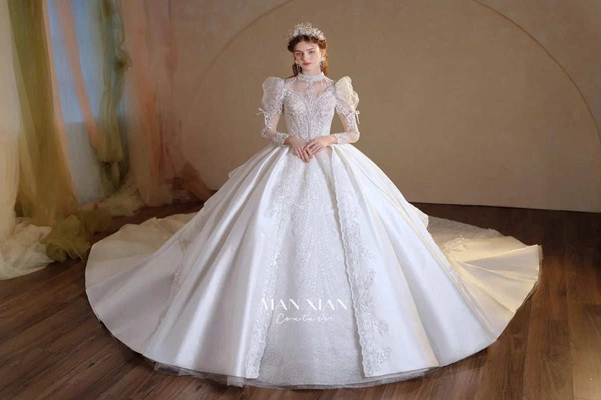 Gorgeous Long Ball Gown High Neck Sheer Long Sleeve Satin Wedding Dress with Crystal Embroidery & Train (ZD16940)