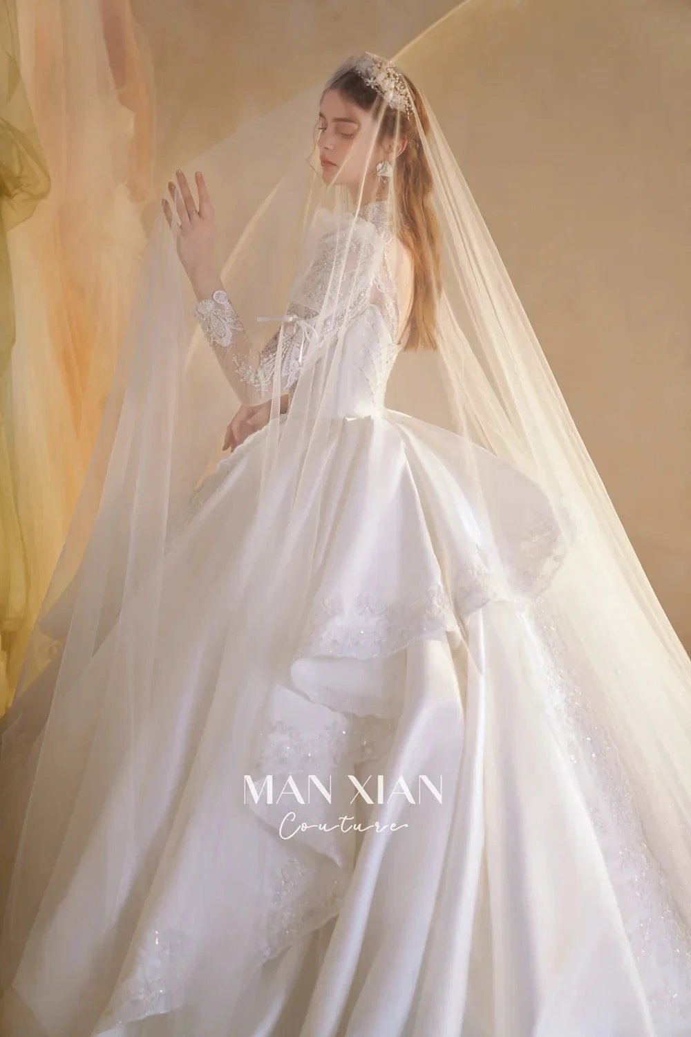 Gorgeous Long Ball Gown High Neck Sheer Long Sleeve Satin Wedding Dress with Crystal Embroidery & Train (ZD16940) - View 7 | VelvetHem