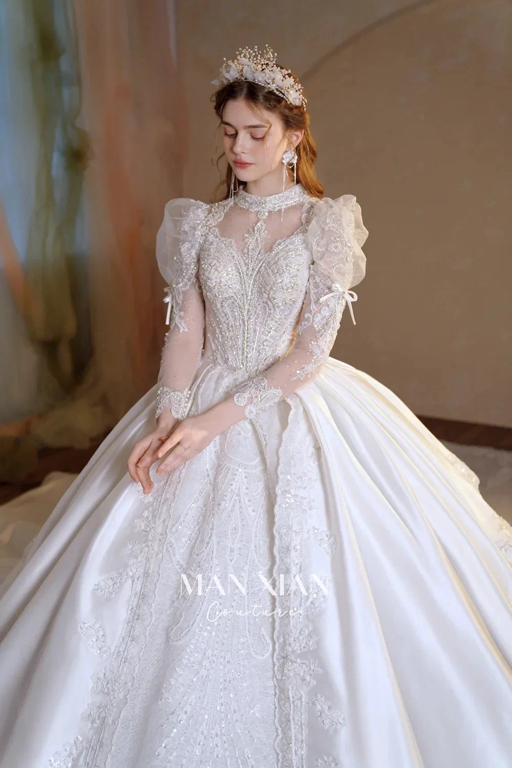 Gorgeous Long Ball Gown High Neck Sheer Long Sleeve Satin Wedding Dress with Crystal Embroidery & Train (ZD16940) - View 2 | VelvetHem