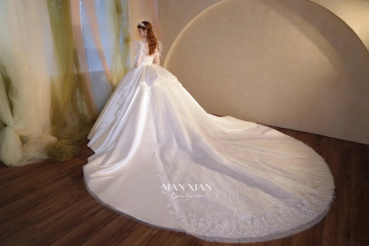 Gorgeous Long Ball Gown High Neck Sheer Long Sleeve Satin Wedding Dress with Crystal Embroidery & Train (ZD16940) - View 11 | VelvetHem