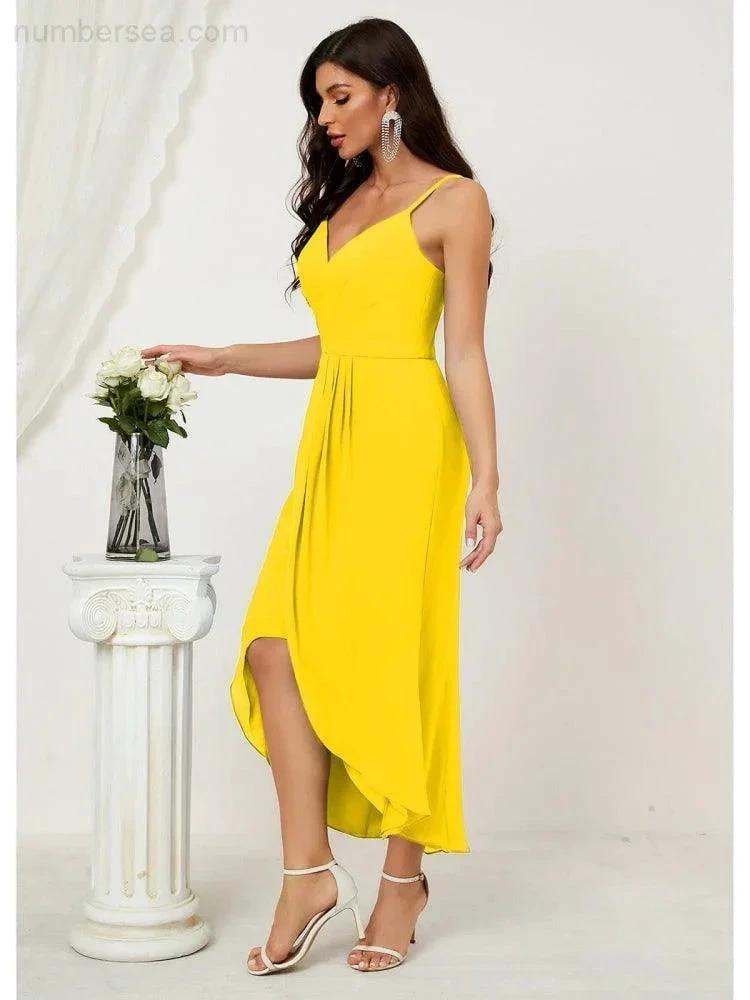 ZapDress Spaghetti Chiffon V Neck Bridesmaid Dress Mid-Length Slit Formal Prom Dress Homecoming Dress 2803 (ZD16952)