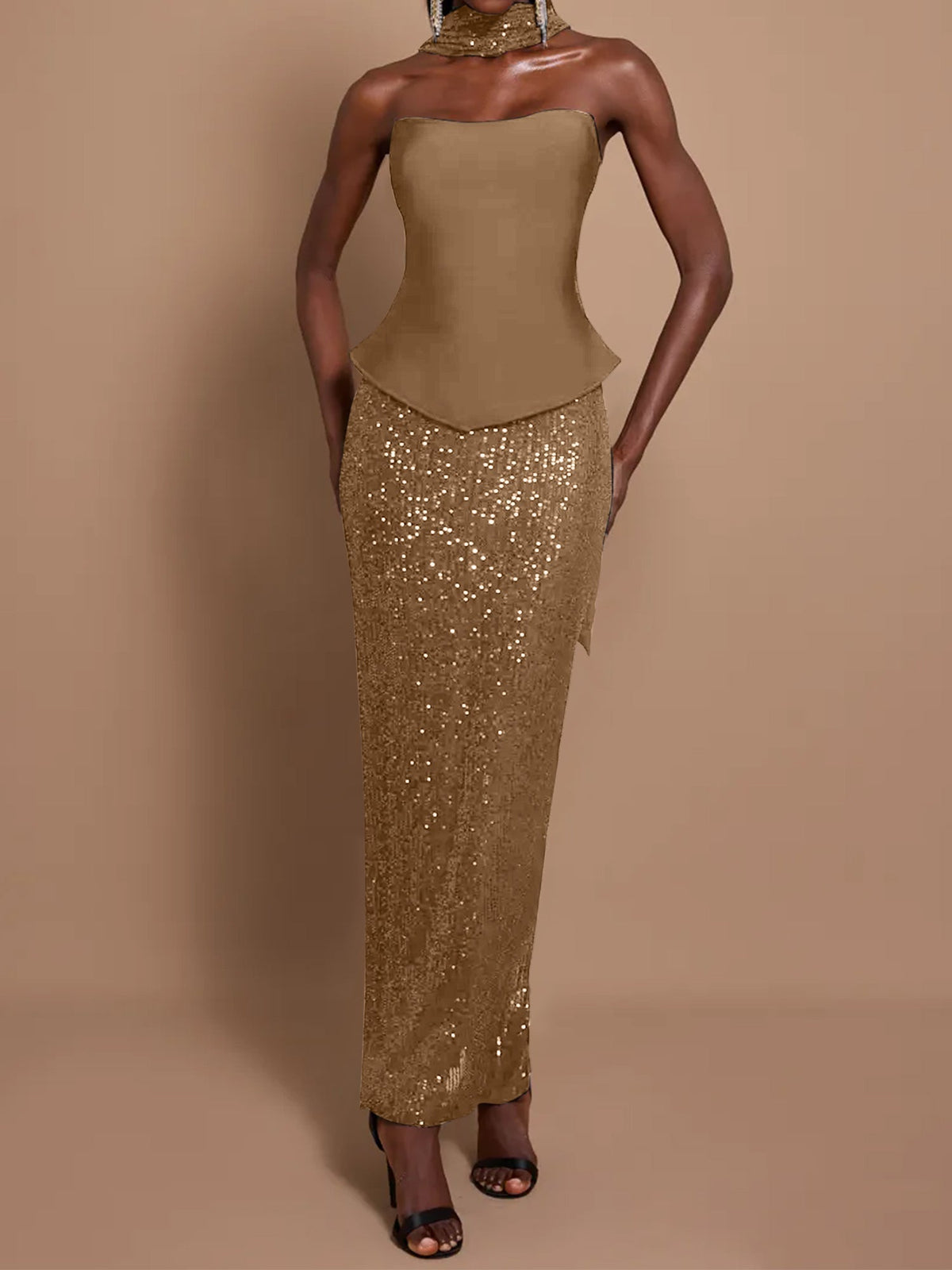 Off-Shoulder Bandage Top & Sequin Midi Skirt Set - View 4 | FashionDia