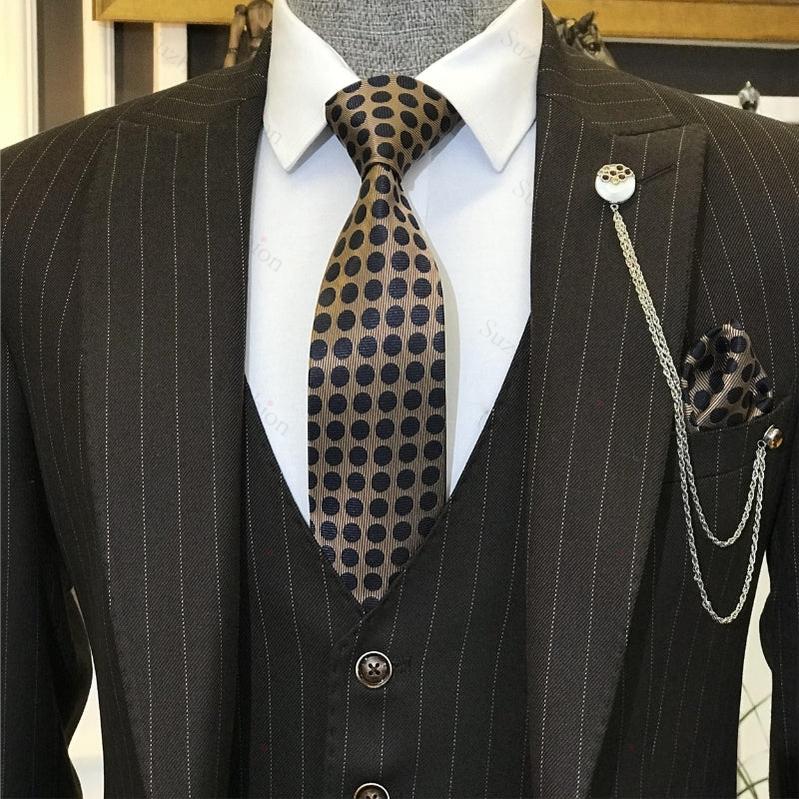 Brown Peaked Lapel 3 Piece Striped Business Men's Suit