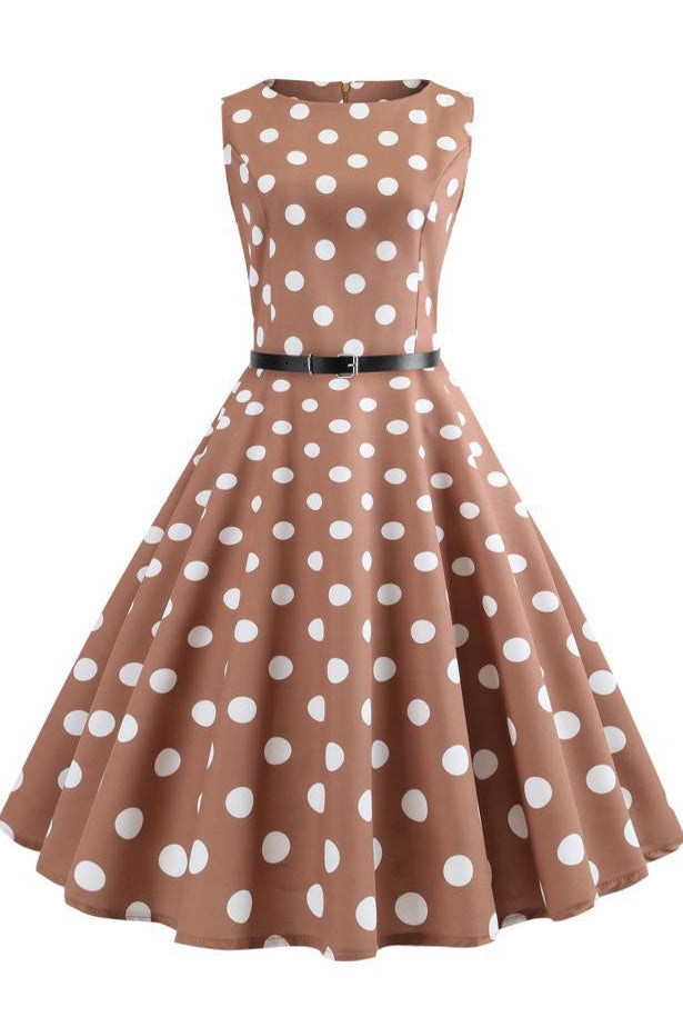 Brown Polka Dot Retro Sleeveless Dress - Fashionpara
