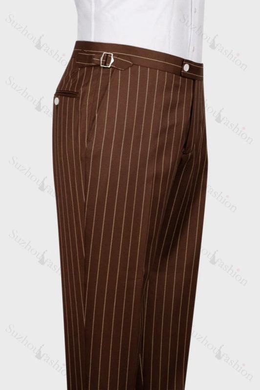 Brown Striped Peaked Lapel 3 Piece Business Men's Suit