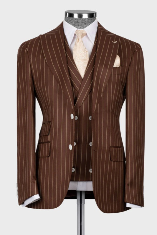 Brown Striped Peaked Lapel 3 Piece Business Men's Suit