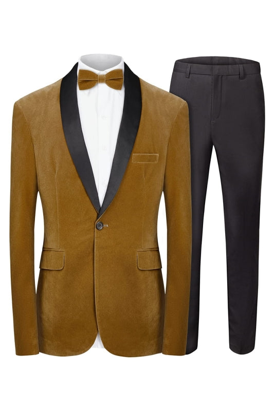 Brown Two Piece Velvet Shawl Lapel Wedding Suit