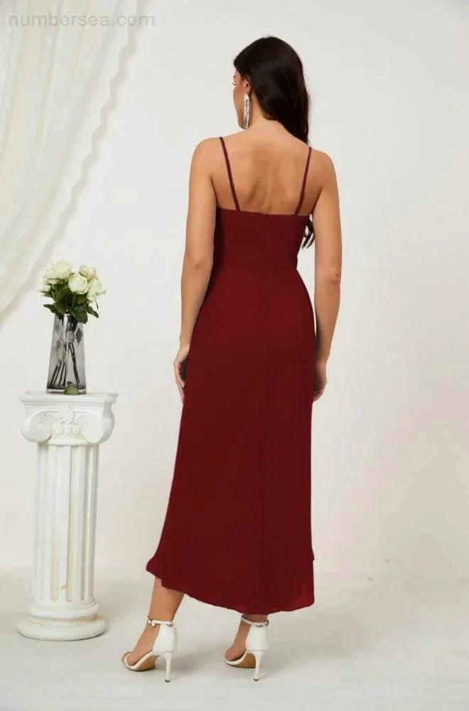 ZapDress Spaghetti Chiffon V Neck Bridesmaid Dress Mid-Length Slit Formal Prom Dress Homecoming Dress 2803 (ZD16952)