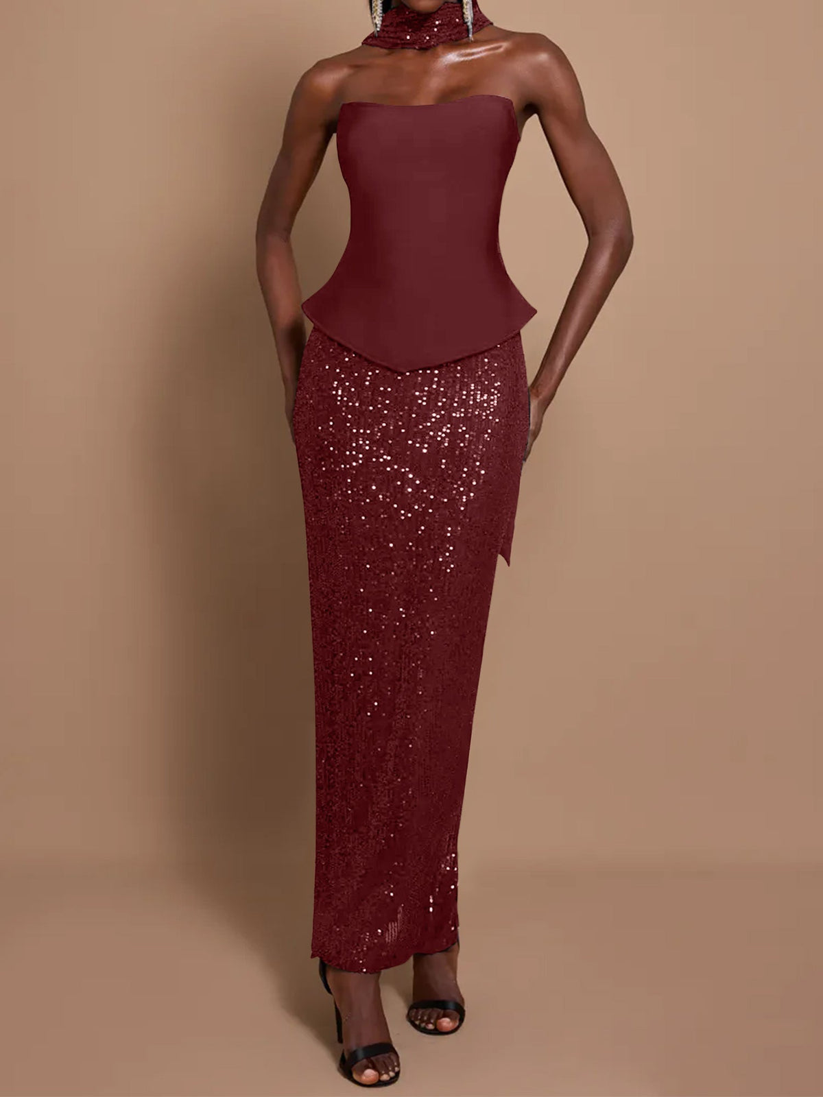 Off-Shoulder Bandage Top & Sequin Midi Skirt Set - View 5 | FashionDia