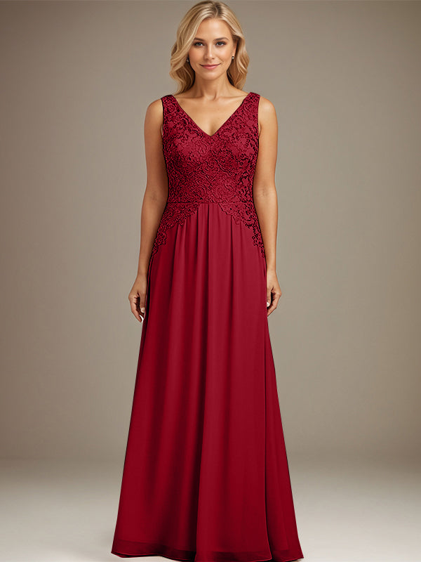 Burgundy A-line V Neck Floor-Length Lace Chiffon Mother of the Bride Dresses
