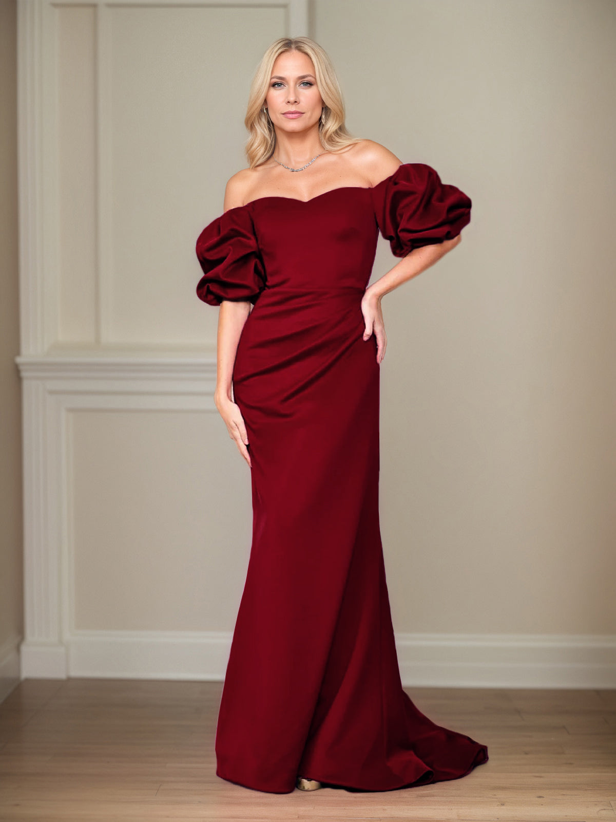 Satin Sheath/Column Off The Shoulder Puff Sleeves Floor Length Mother of the Bride Dresses