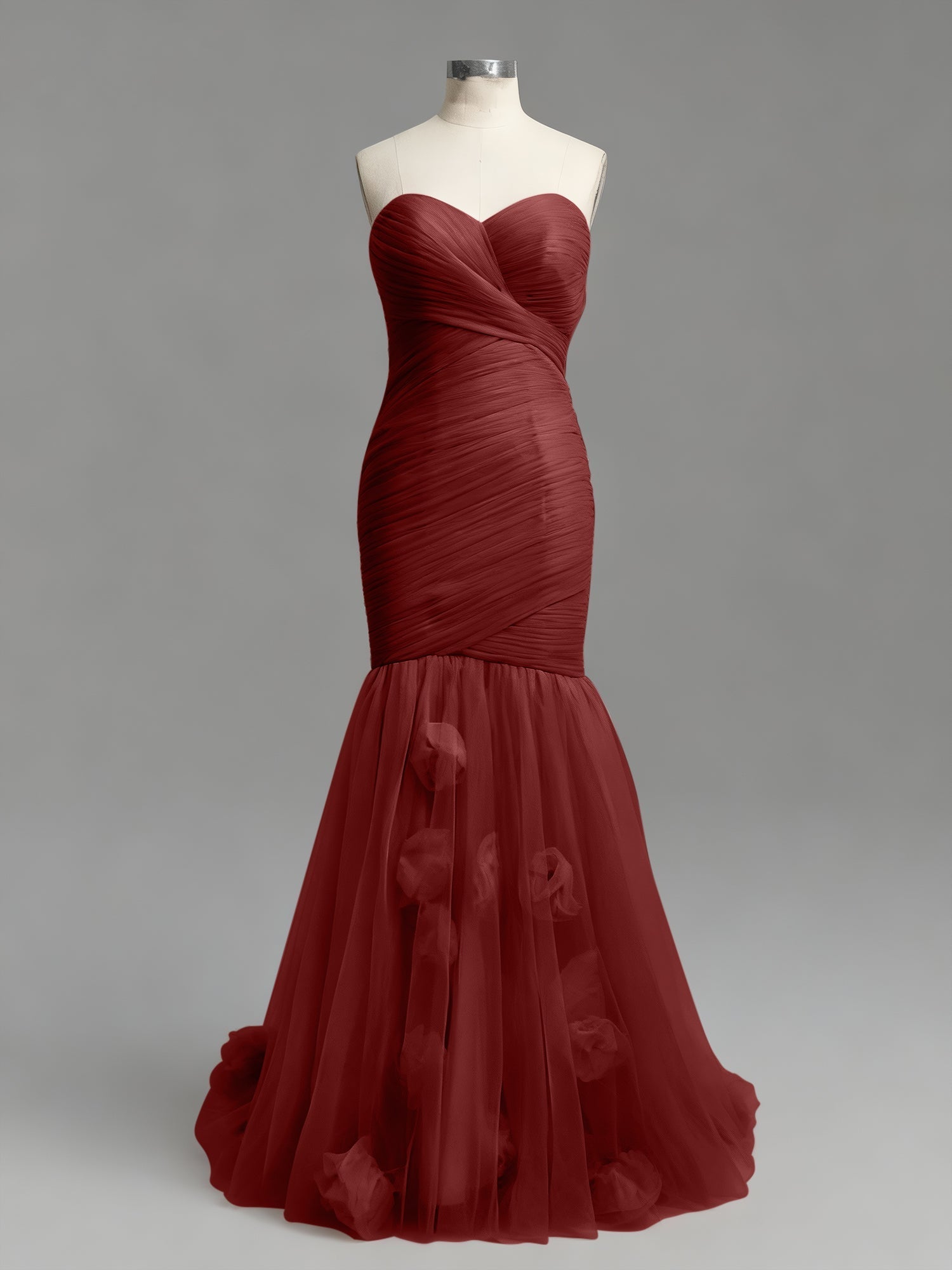 Dusty Rose Mermaid Strapless Ruched Tulle Prom Dress with 3D Floral