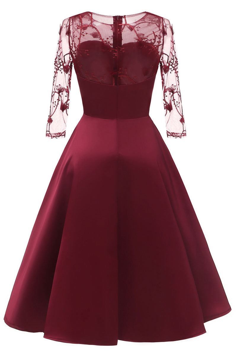 Burgundy Applique A-line Satin Homecoming Dress - Fashionpara