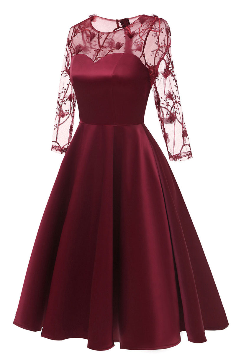 Burgundy Applique A-line Satin Homecoming Dress - Fashionpara