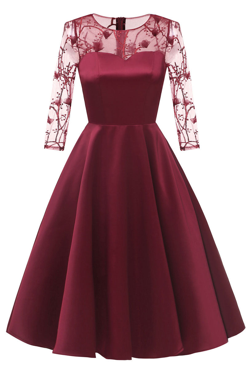 Burgundy Applique A-line Satin Homecoming Dress - Fashionpara