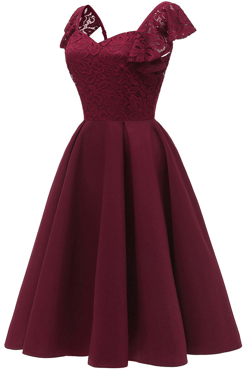 Burgundy Cap Sleeves Satin Homecoming Dress - Fashionpara