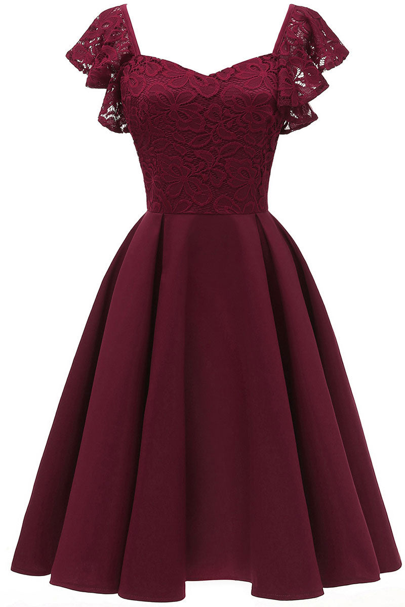 Burgundy Cap Sleeves Satin Homecoming Dress - Fashionpara