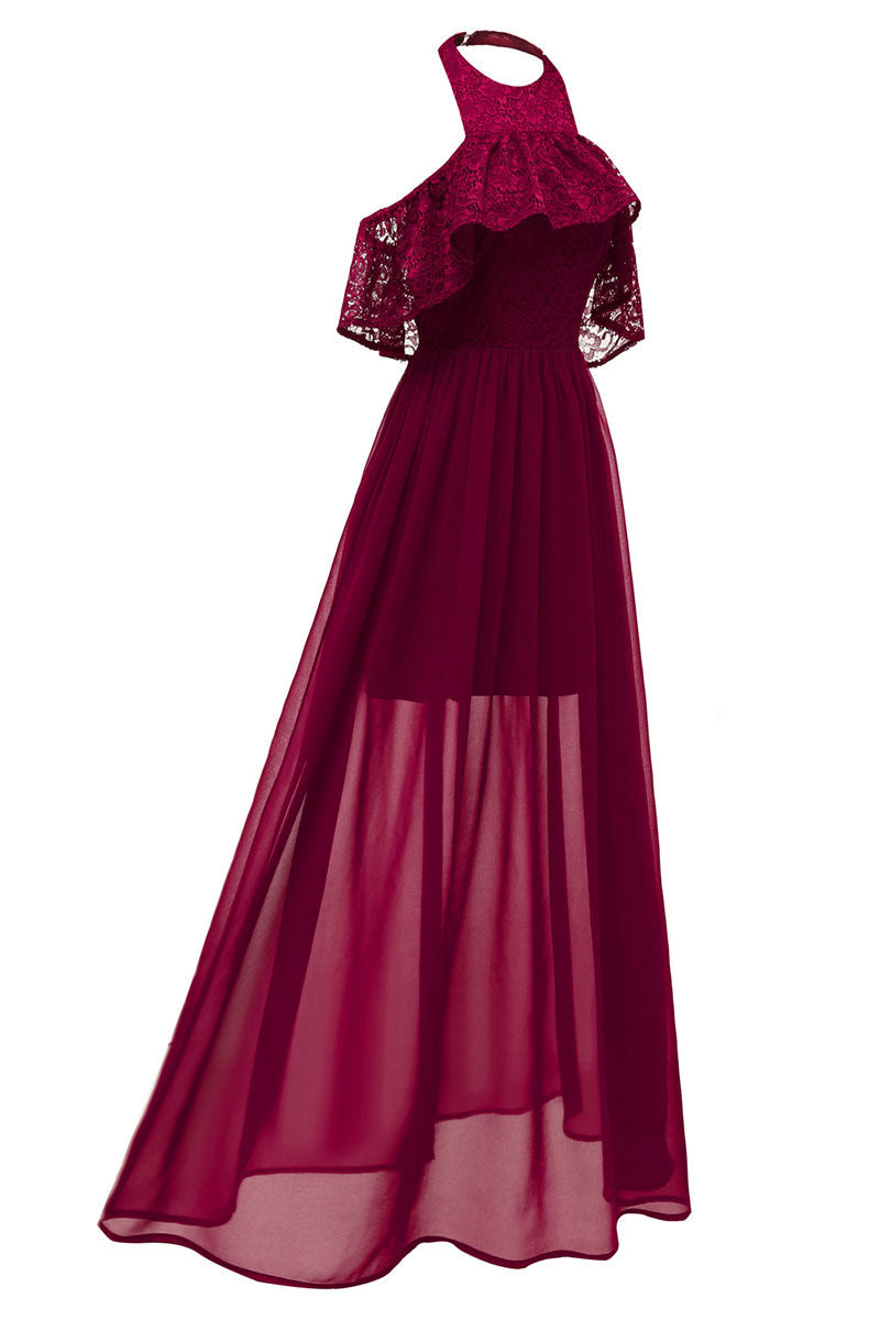 Dark Navy High Low Halter Chiffon Long Prom Dress - Fashionpara