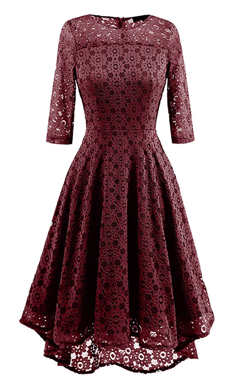 Burgundy Lace A-line Prom Dress With Sleeves - Fashionpara
