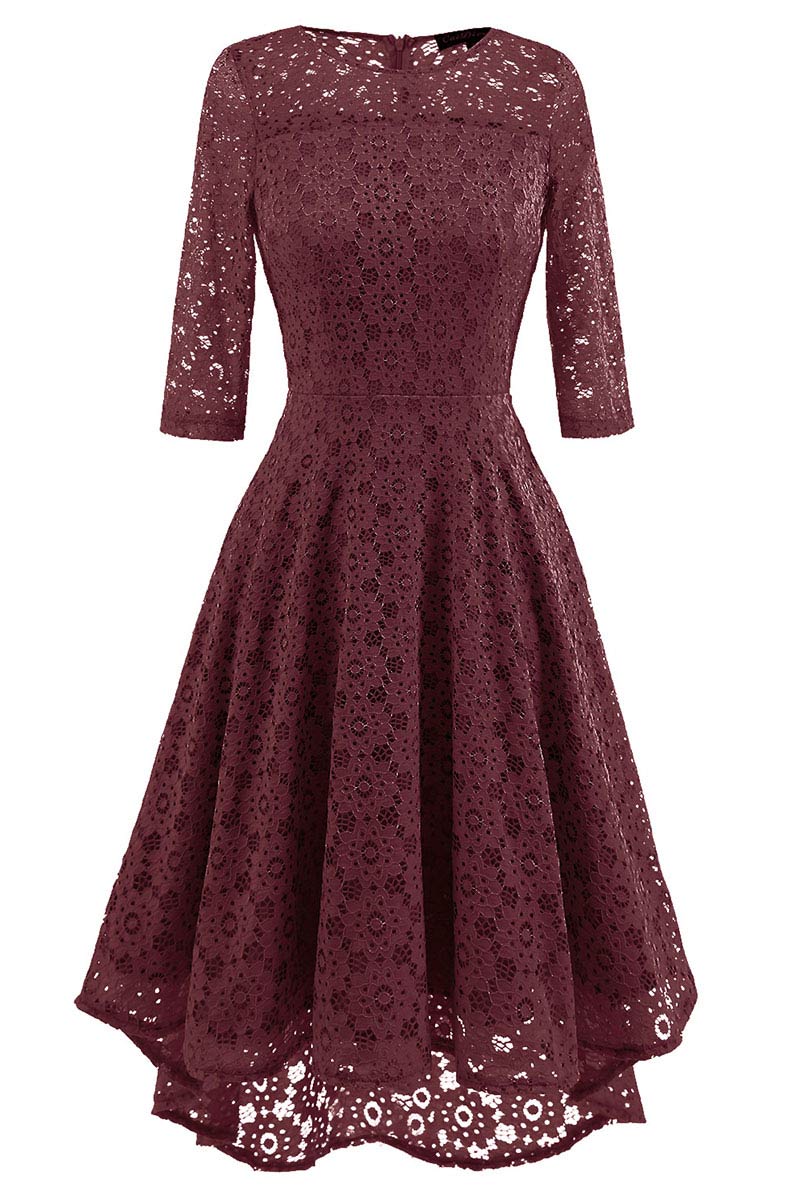Burgundy Lace A-line Prom Dress With Sleeves - Fashionpara