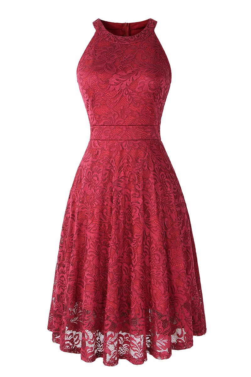 Burgundy Lace A-line Sleeveless Cocktail Dress - Fashionpara