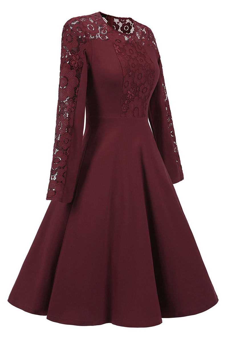 Burgundy Lace Fit And Flare Prom Dress With Sleeves - Fashionpara
