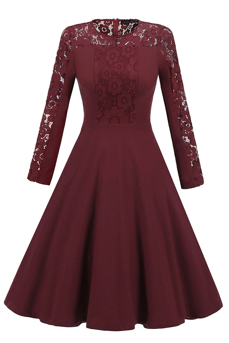 Burgundy Lace Fit And Flare Prom Dress With Sleeves - Fashionpara