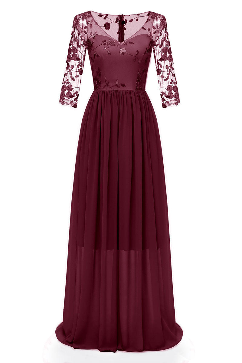 Burgundy Long A-line Long Sleeves Prom Dress With Appliques - Fashionpara