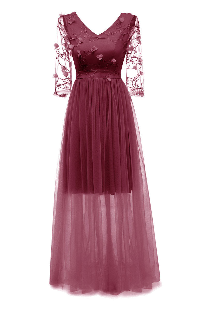 Burgundy Long V-neck Applique A-line Prom Dress With Sleeves - Fashionpara