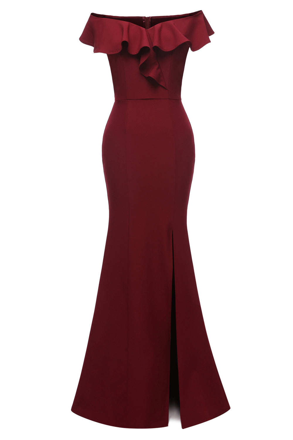 Burgundy Mermaid Off-the-shoulder Slit Prom Dress - Fashionpara