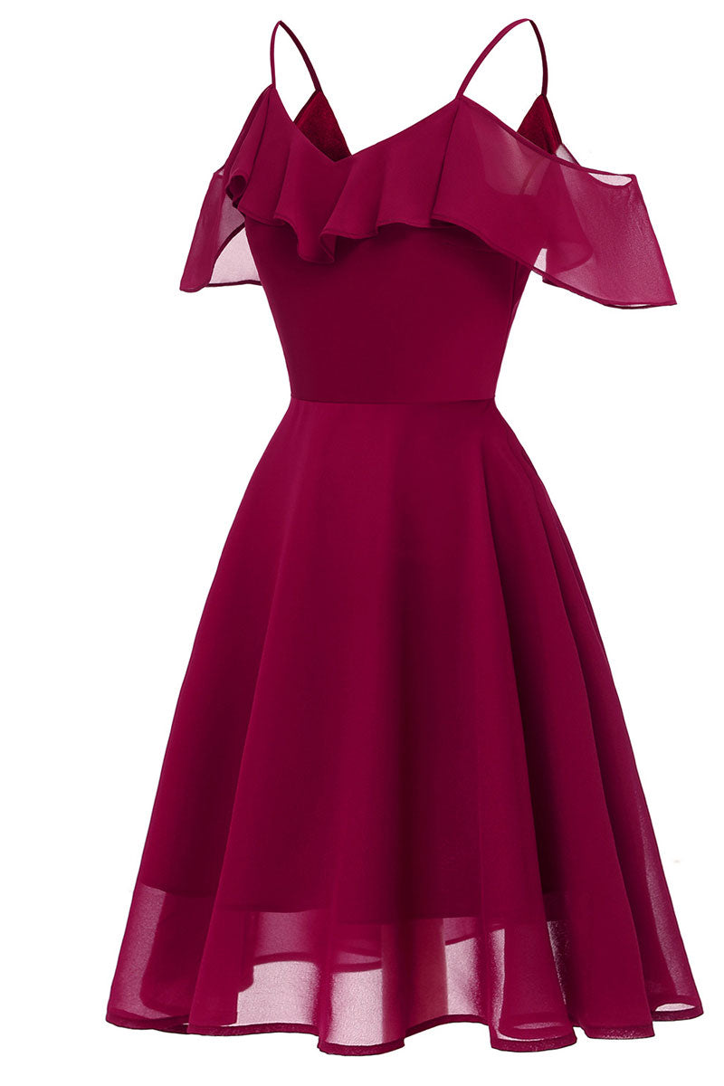 Burgundy Off-the-shoulder A-line Spaghetti Strap Prom Dress - Fashionpara