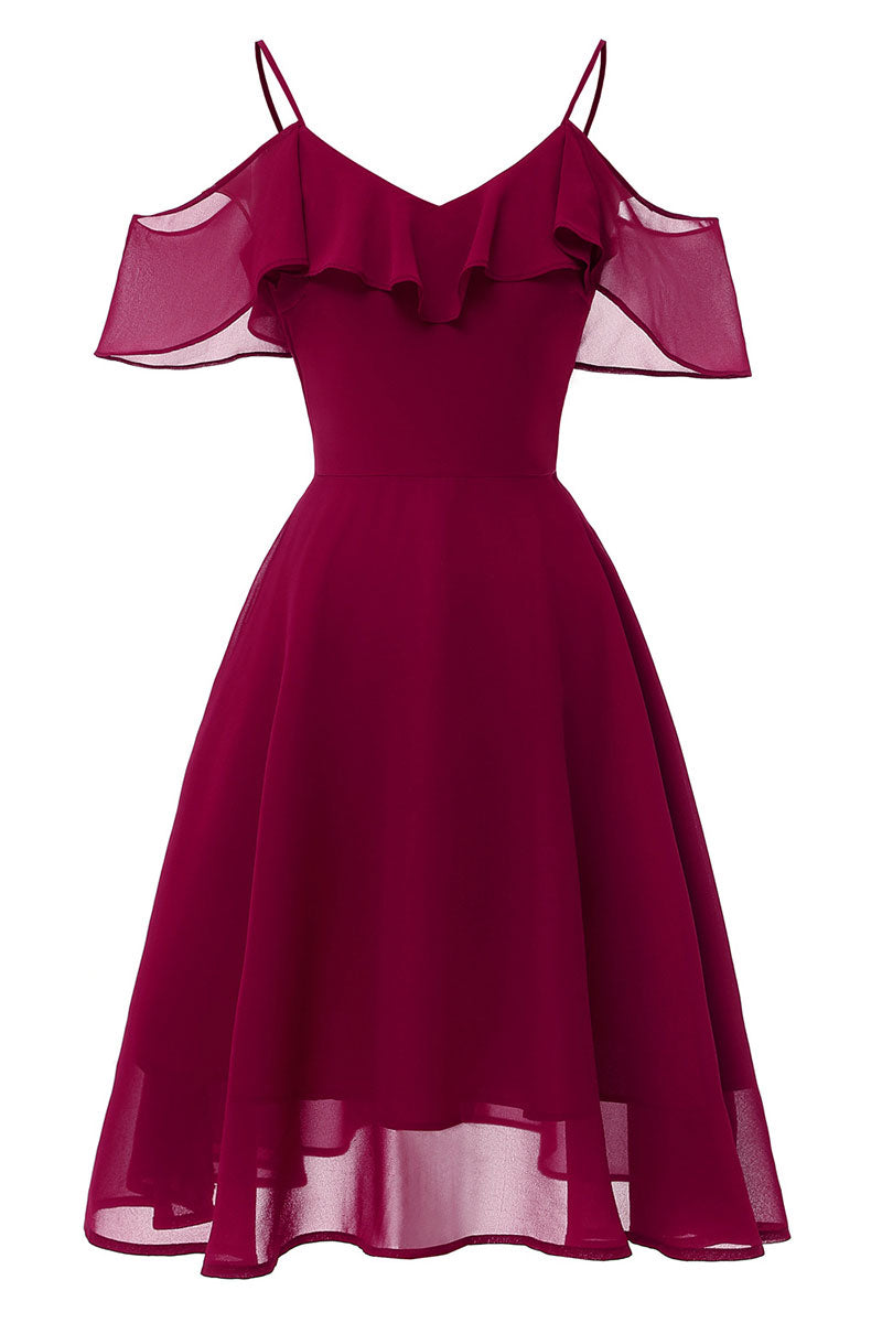 Burgundy Off-the-shoulder A-line Spaghetti Strap Prom Dress - Fashionpara