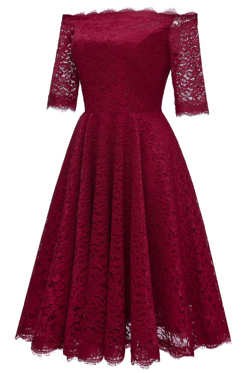 Burgundy Off-the-shoulder Lace Bridesmaid Prom Dress With Sleeves