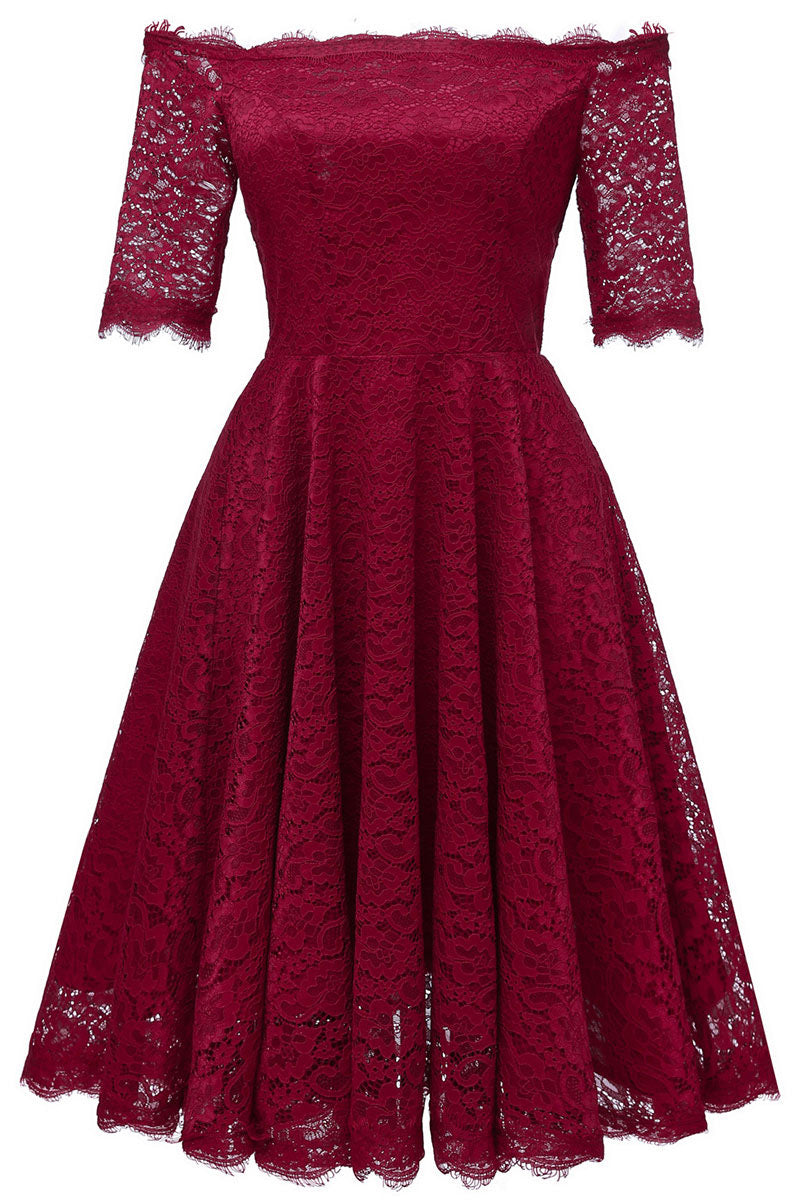 Burgundy Off-the-shoulder Lace Bridesmaid Prom Dress With Sleeves - Fashionpara