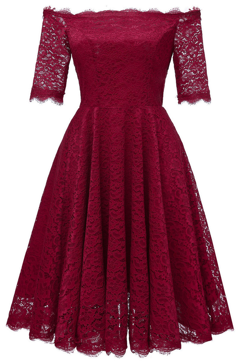 Burgundy Off-the-shoulder Lace Bridesmaid Prom Dress With Sleeves