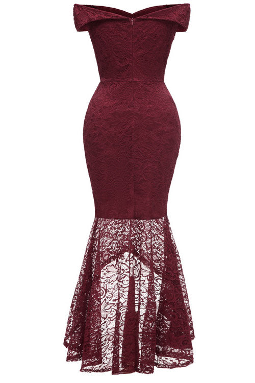Burgundy Off-the-shoulder Lace Mermaid High Low Prom Dress - Fashionpara