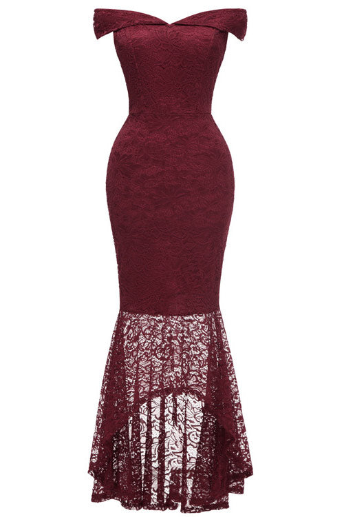 Burgundy Off-the-shoulder Lace Mermaid High Low Prom Dress - Fashionpara